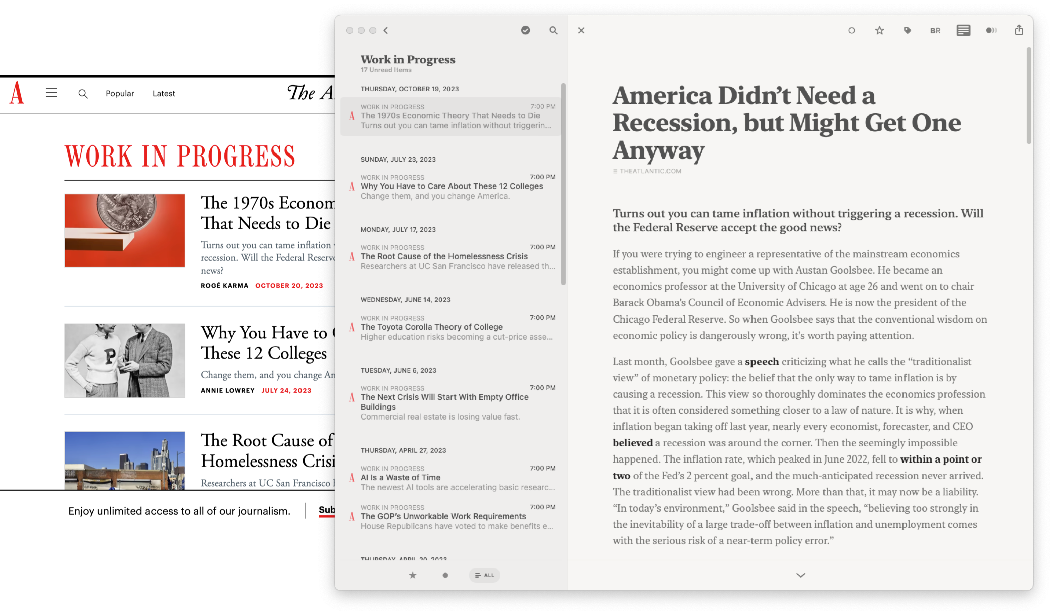 Screenshot of theatlantic.com's Work in Progress category page in the background of another screenshot. The foreground screenshot is of the Reeder app opened to the Work in Progress section. The same feed of news articles can be observed on both screenshots.
